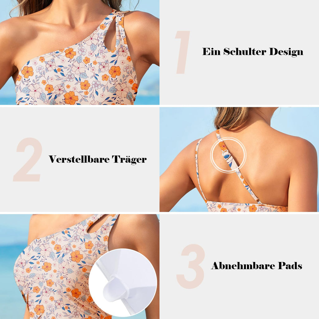 Costum de baie pe un umăr, floral portocaliu – XXL