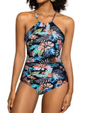 Costum de baie întreg floral negru – S
