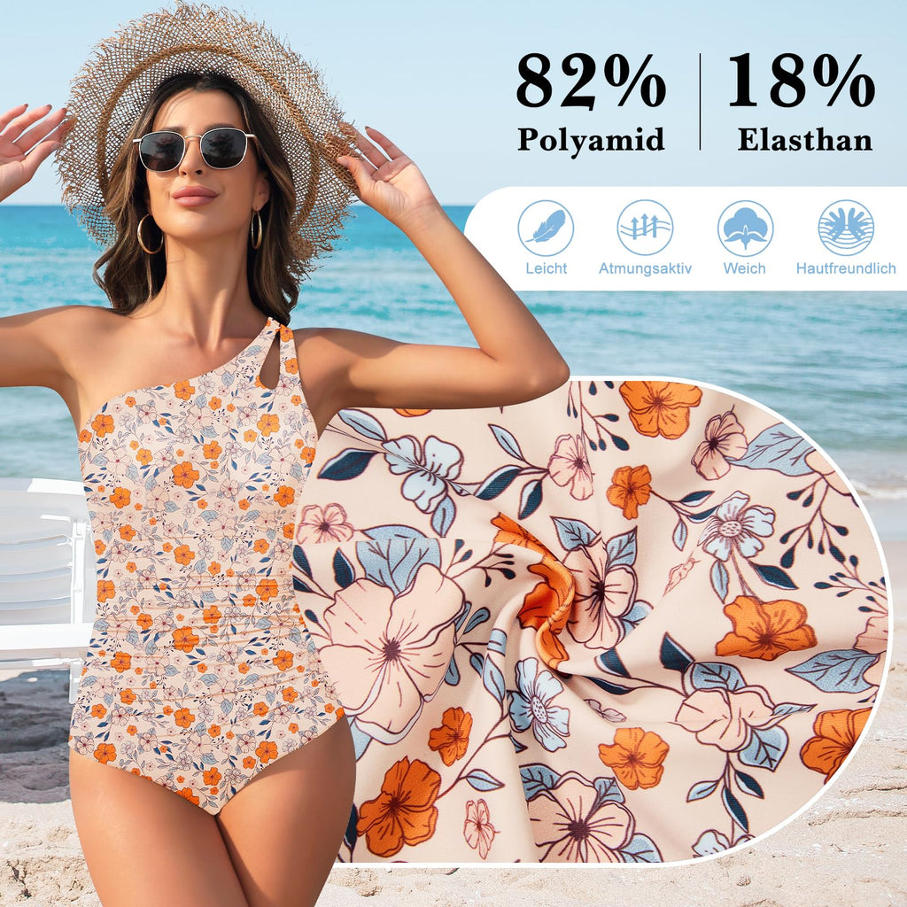 Costum de baie pe un umăr, floral portocaliu – XXL