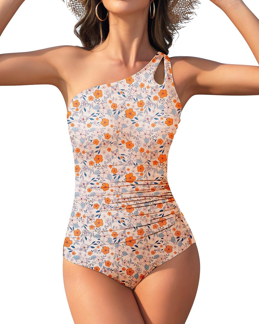 Costum de baie pe un umăr, floral portocaliu – XXL
