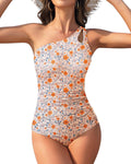 Costum de baie pe un umăr, floral portocaliu – XXL