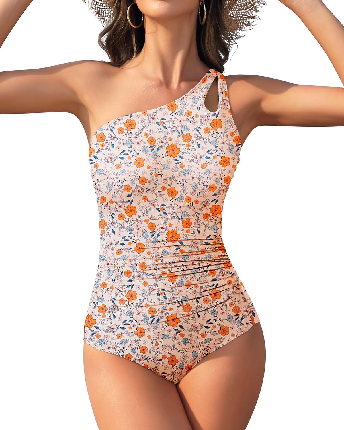 Costum de baie pe un umăr, floral portocaliu – XXL